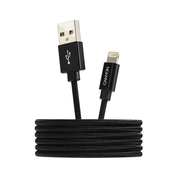 Canyon MFI-3, 1m prémiový opletený kábel Lightning/USB, MFI schválený Apple, čierny 
