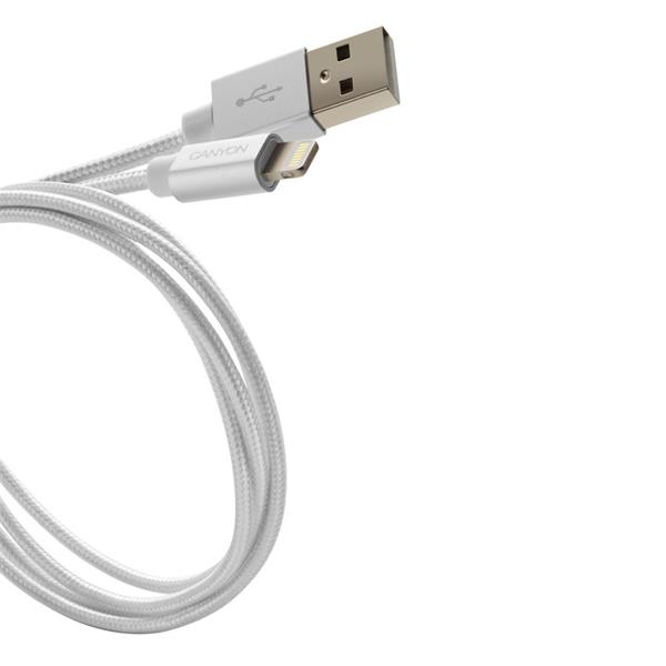 Canyon MFI-3, 1m prémiový opletený kábel Lightning/USB, MFI schválený Apple, perleťovo biely 