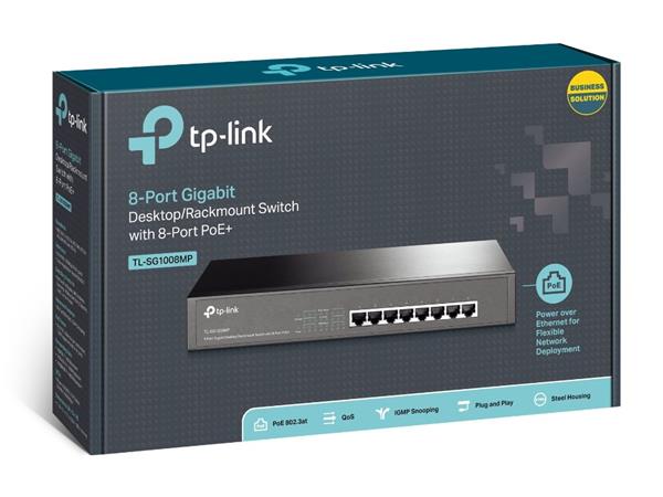 TP-LINK TL-SG100MP 8-Port Gigabit PoE+ Switch, 8 Gigabit RJ45 Ports, 802.3at/af, 126W PoE Power, 1U 13-inch Rack-mount. 