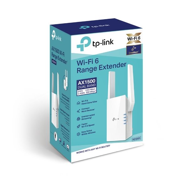 TP-LINK "AX1500 Wi-Fi 6 Range ExtenderSPEED: 300 Mbps at 2.4 GHz + 1201 Mbps at 5 GHzSPEC: 2 × External Antennas, 1 ×  