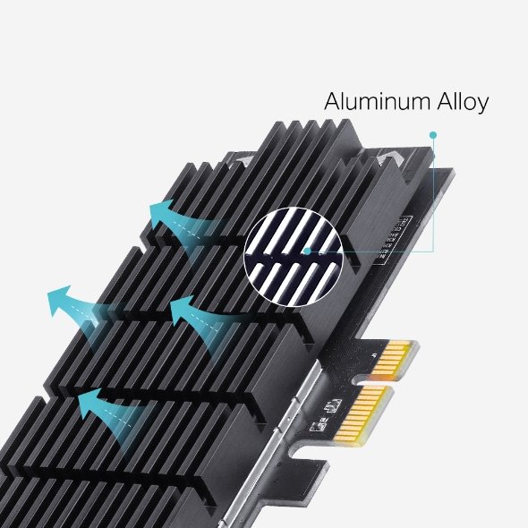 TP-LINK "AXE5400  Tri-Band Wi-Fi 6E Bluetooth PCI Express AdapterSPEED: 2402 Mbps at 6 GHz + 2402 Mbps at 5 GHz + 574 M 