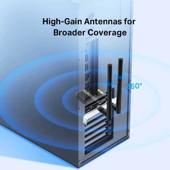 TP-LINK "AXE5400  Tri-Band Wi-Fi 6E Bluetooth PCI Express AdapterSPEED: 2402 Mbps at 6 GHz + 2402 Mbps at 5 GHz + 574 M 