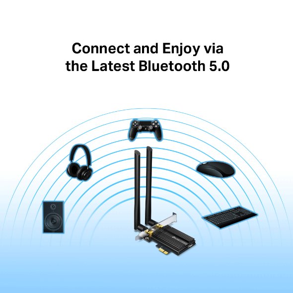 TP-LINK "AXE5400  Tri-Band Wi-Fi 6E Bluetooth PCI Express AdapterSPEED: 2402 Mbps at 6 GHz + 2402 Mbps at 5 GHz + 574 M 