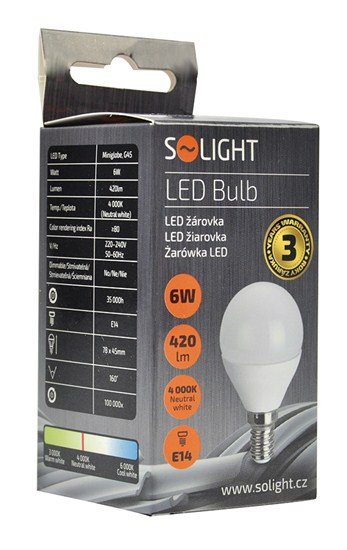 Solight LED žiarovka, miniglobe, 6W, E14, 4000K, 510lm, biele prevedenie 