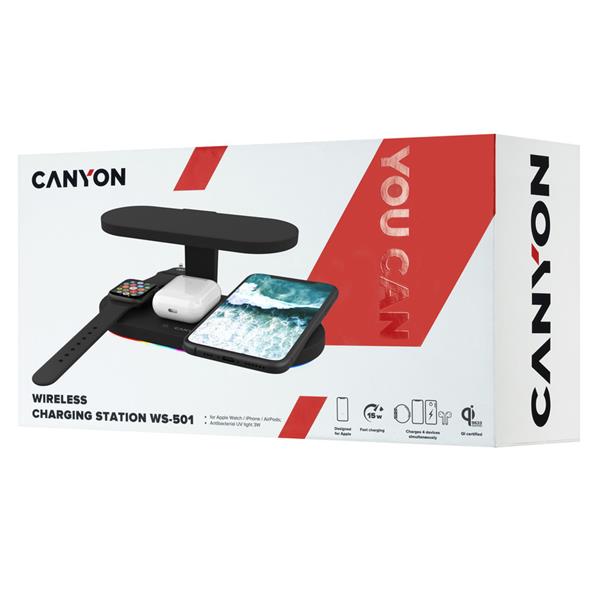 Canyon WS-501, 5v1, bezdrôtová Qi nabíjacia stanica pre 4 zariadenia simultánne + UV sterilizátor, LED podsvietenie 