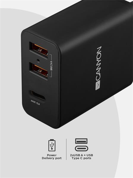 Canyon H-08, prémiová univerzálna nabíjačka do steny 30W, 2x USB, 5V/2.4A + 1xUSB-C Quick Charge, Smart IC, čierna 