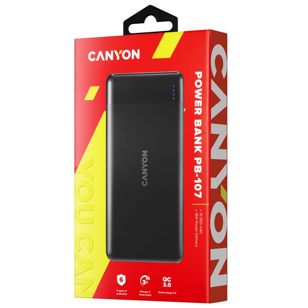 Canyon PB-107, Powerbank, Li-Pol, 10.000 mAh, Vstup: 1x Micro-USB, 1x USB-C, Výstup: 1x USB-A, 1x USB-C, čierna 