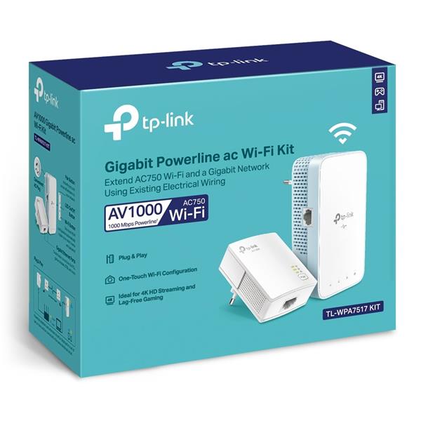 TP-LINK "AV1000 Gigabit Powerline AC750 Wi-Fi KitKIT: 1× TL-WPA7517 + 1× TL-PA7017TL-WPA7517:SPEED: 300 Mbps at 2.4 G 