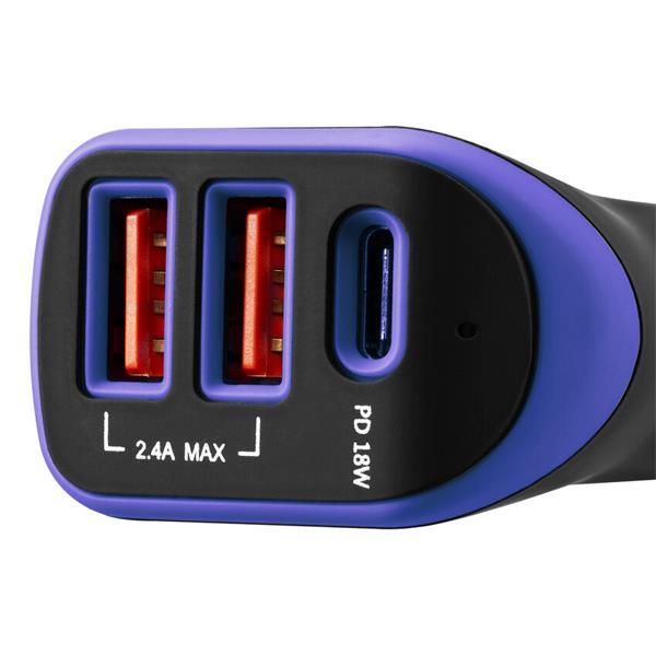 Canyon C-08, univerzálna autonabíjačka, 2x USB-A, 1xUSB-C 18W PD, Smart IC, LED, fialovo - čierna  