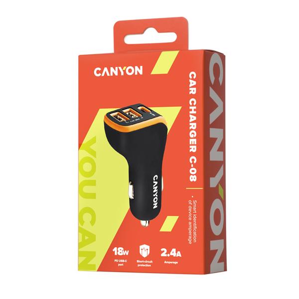 Canyon C-08, univerzálna autonabíjačka, 2x USB-A, 1xUSB-C 18W PD, Smart IC, LED, oranžovo - čierna  