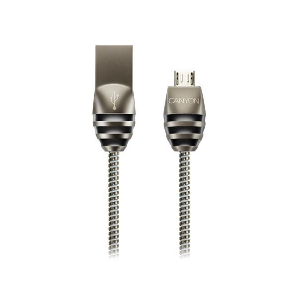Canyon CNS-USBM5DG, 1m kábel micro-USB / USB 2.0, 5V/2A, priemer 3,5mm, metalicky opletený, tmavo-šedý