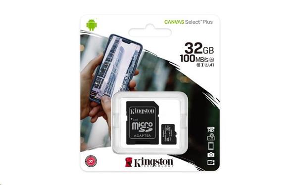 32 GB . microSDHC karta Kingston Canvas Select Plus Class 10 (r/w 100/10 MB/s) + adaptér