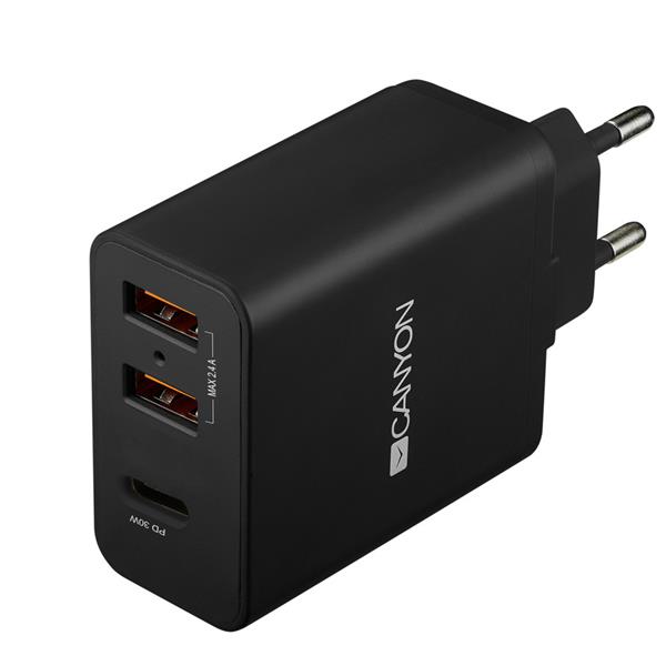 Canyon CNE-CHA08B, prémiová univerzálna nabíjačka do steny 30W, 2x USB, 5V/2.4A + 1xUSB-C Quick Charge, Smart IC, čierna