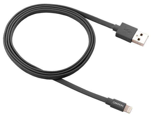 Canyon MFI-2, 1m plochý kábel Lightning/USB, MFI schválený Apple, tmavo-šedý