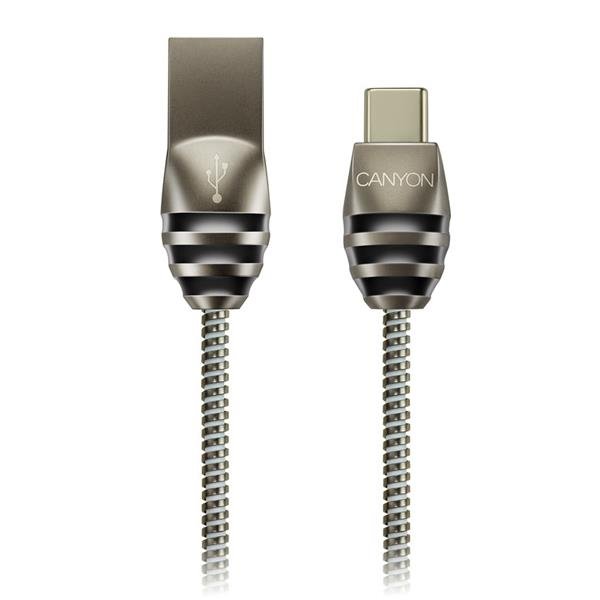 Canyon UC-5, 1m kábel USB-C / USB 2.0, 5V/2A, priemer 3,5mm, metalicky opletený, tmavo-šedý