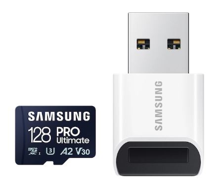 128 GB . microSDXC karta Samsung PRO Ultimate + USB adapter (U3, V30, A2), (r200MB/s, w130MB/s)