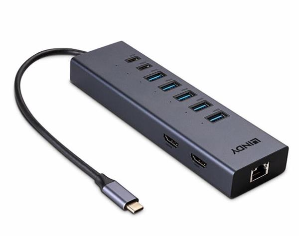 Lindy Dokovacia Stanica USB 3.1 Typ C, 2xHDMI (Dual Display), 5xUSB A 2x USB C, LAN, (PD 3.0 100W), 0.22m