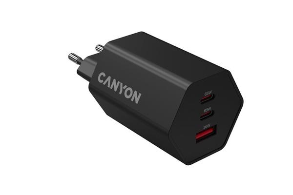 Canyon Hexagon 65, vysokorýchlostná univerzálna nabíjačka do steny, 65W, 2x USB-C + 1x USB-A, čierna