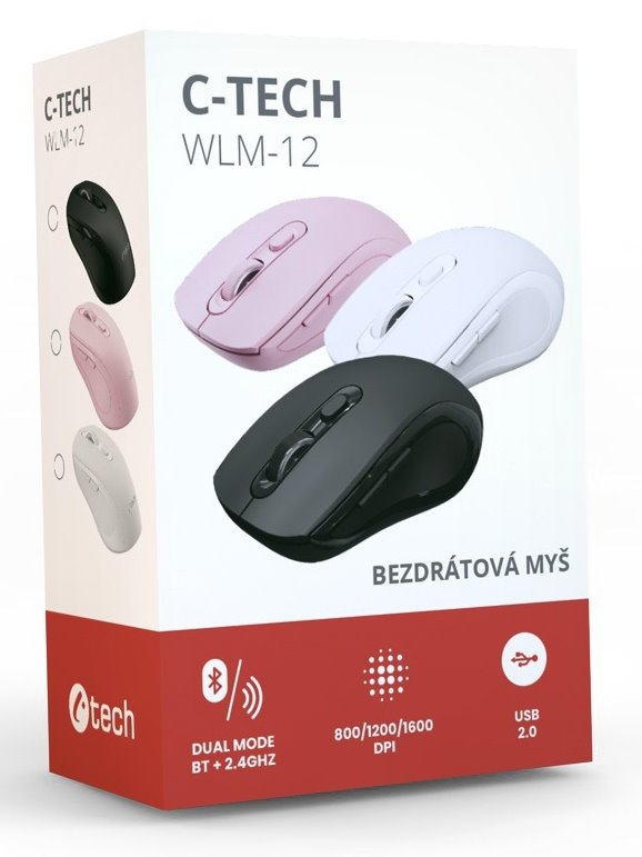 Myš C-TECH WLM-12 Dual mode, bezdrôtová, BT5.0 + 2,4 GHz, 1600DPI, 6 tlačidiel, USB nano receiver, ružová 