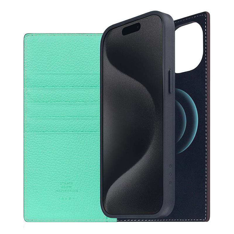 SLG Design puzdro D8 Neon Full Grain Leather Diary pre iPhone 15 Plus - Teal 