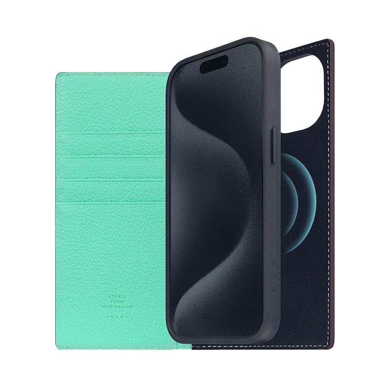 SLG Design puzdro D8 Neon Full Grain Leather Diary pre iPhone 15 - Teal 