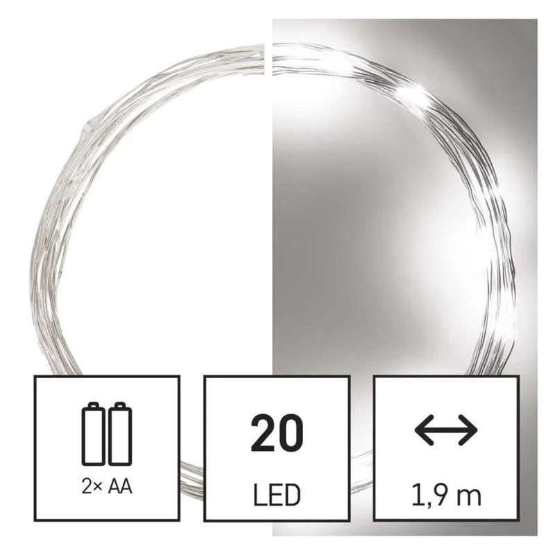 EMOS LED vianočná nano reťaz, 1,9 m, 2x AA, vnútorná, studená biela, časovač 