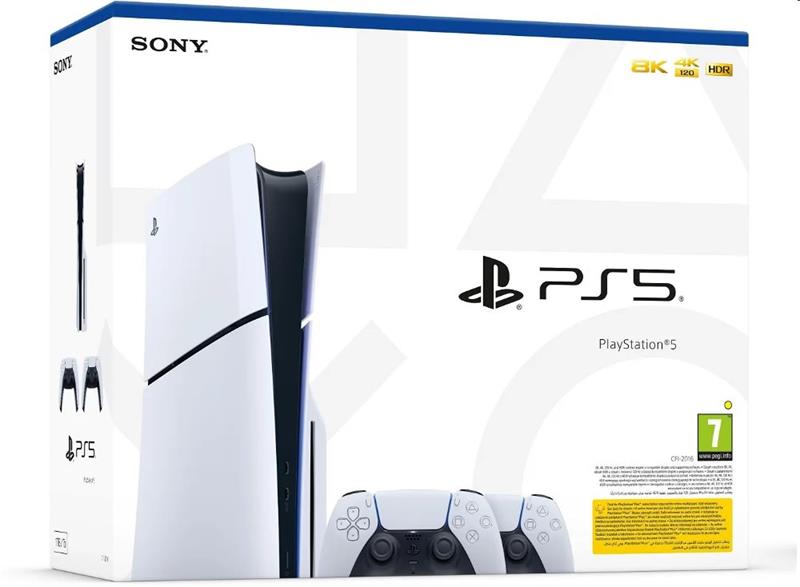 SONY PlayStation 5 (Model Slim) + PlayStation 5 DualSense Wireless Controllers, black & white 