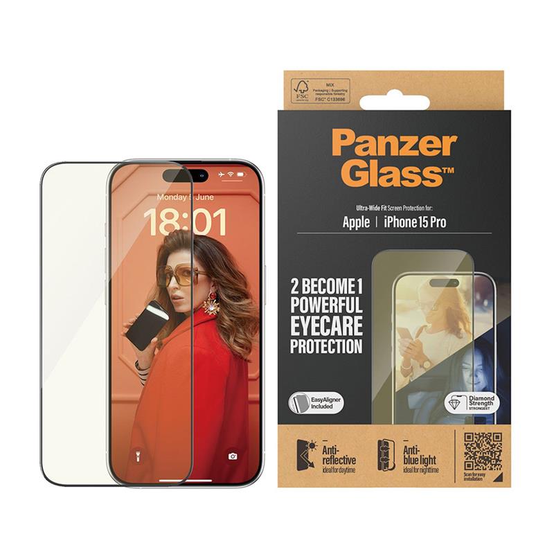 PanzerGlass ochranné sklo UWF EyeCare pre iPhone 15 Pro - Black Frame 