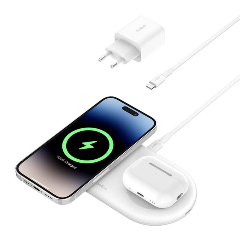 Belkin Boost Charge Pro 2-in-1 Magnetic Wireless Charging Pad with Qi2 15W - White 