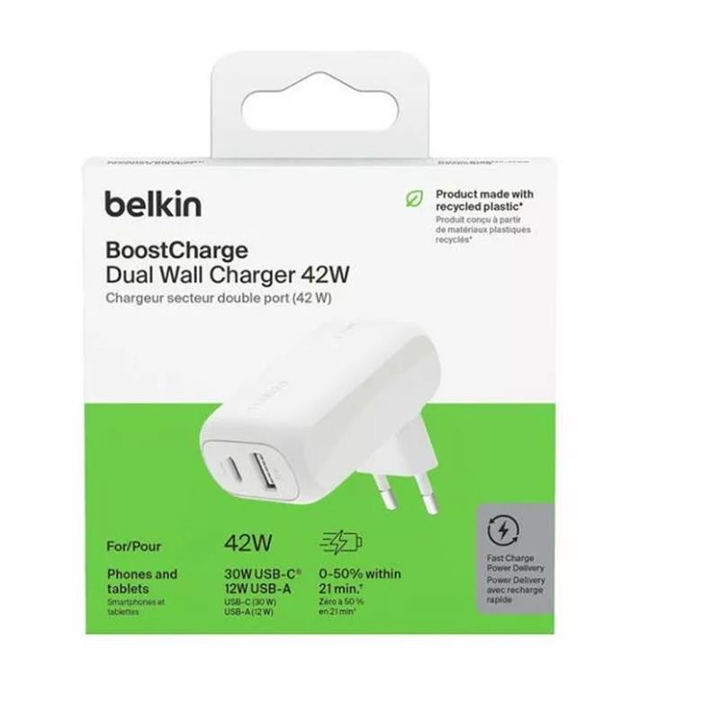 Belkin 42W PD Dual AC nabíjačka 30W USB-C & 12W USB-A - White 