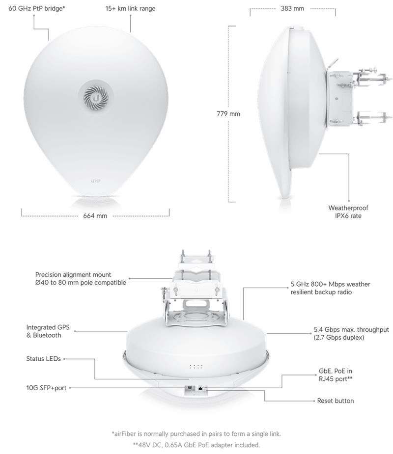 Ubiquiti AirFiber AF60-XR   60GHz XR PtP 2,7Gbps (up to 15km) 