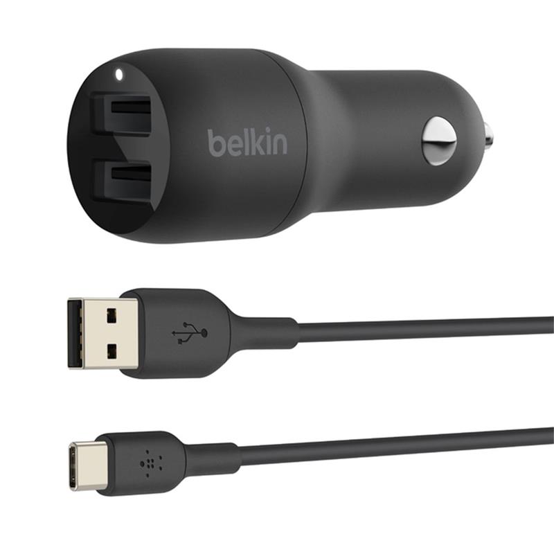 Belkin Boost Charge Dual USB Car Charger 24W + USB-A to USB-C Cable 1m - Black 
