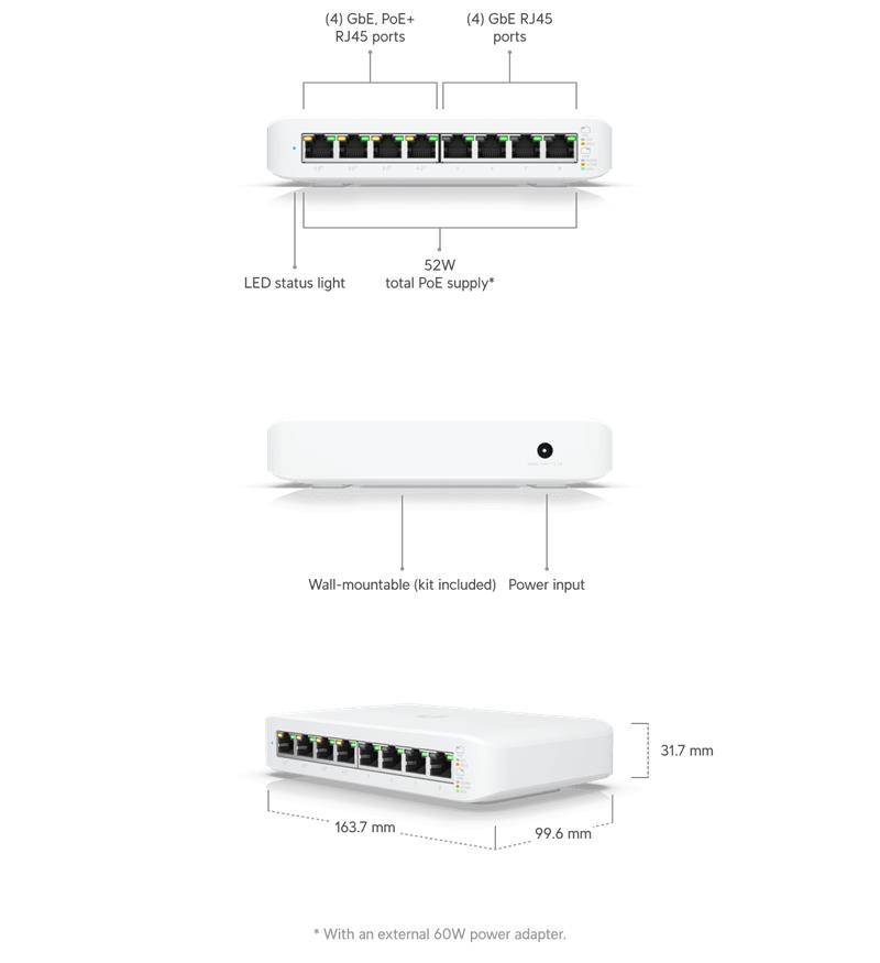 UBNT UniFi Switch USW-Lite-8-PoE [8xGigabit, 4x PoE out 52W, 802.3at af, 16Gbps] 