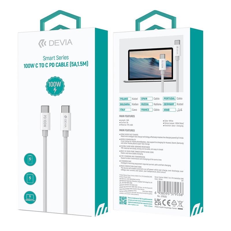 Devia kábel USB-C to USB-C PD 100W Smart Series Cable 1.5m - White 