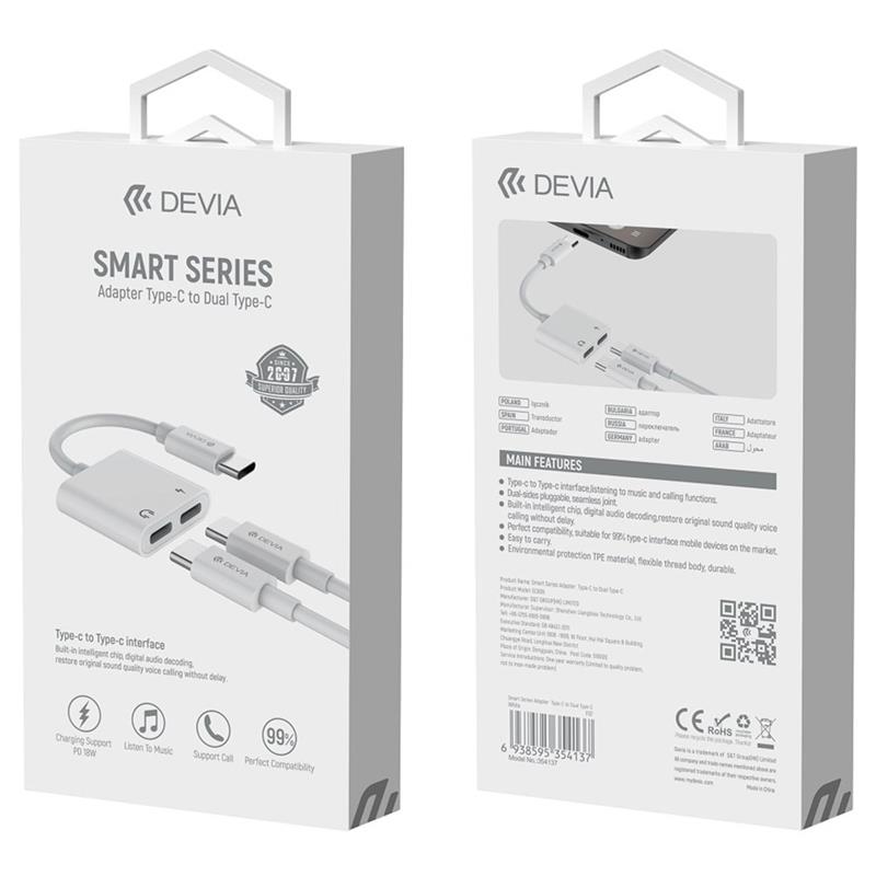 Devia Smart Series Adapter USB-C to Dual USB-C - White 