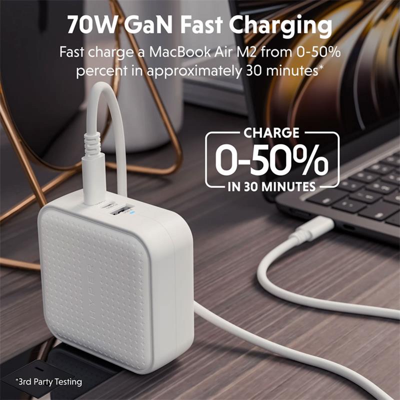 Hyper HyperJuice 70W USB-C GaN Travel Charger - White 