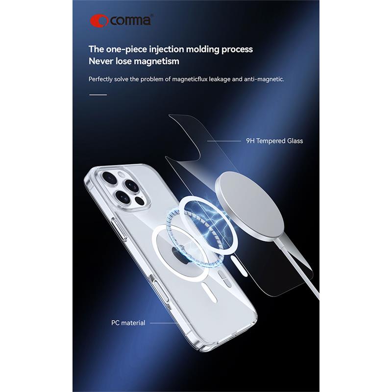 Comma kryt Glass Series Magnetic Case pre iPhone 16 - Clear 