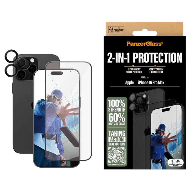 PanzerGlass ochranné sklo UWF + Hoops Bundle pre iPhone 16 Pro Max - Black Frame 