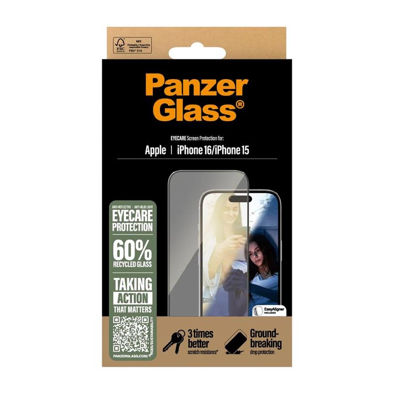 PanzerGlass ochranné sklo UWF EyeCare pre iPhone 16 - Black Frame 