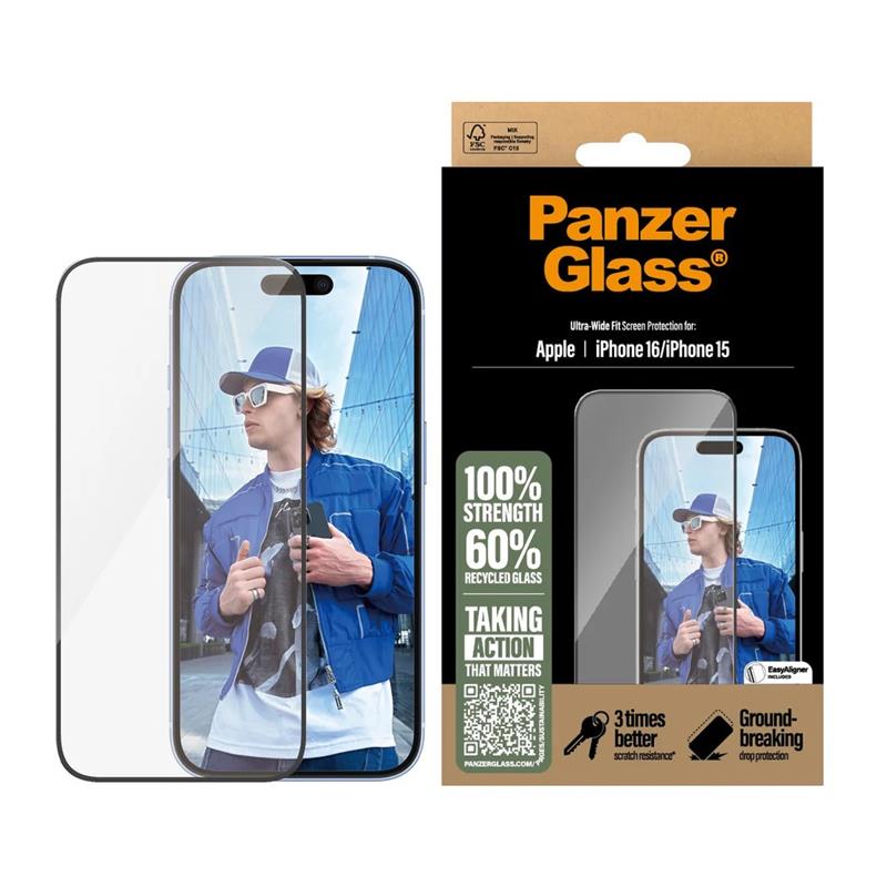 PanzerGlass ochranné sklo UWF pre iPhone 16 - Black Frame 