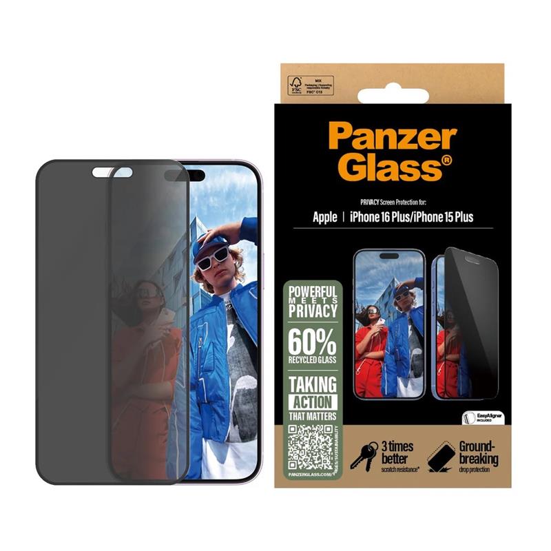 PanzerGlass ochranné sklo UWF Privacy pre iPhone 16 Plus - Black Frame 