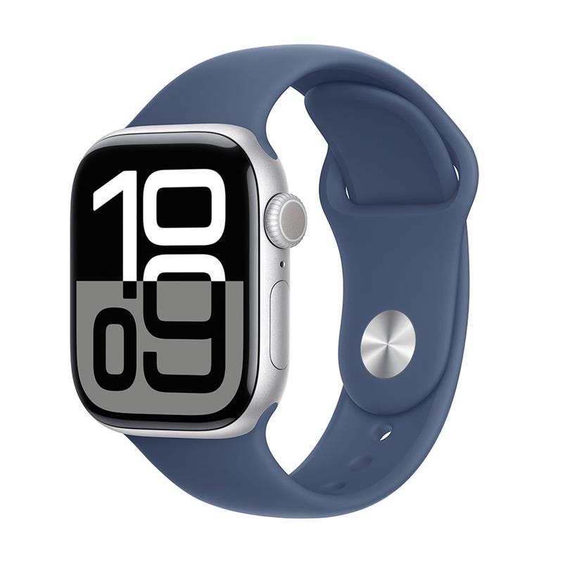 Apple Watch Series 10 GPS + Cellular 42mm Silver Aluminium Case with Denim Sport Band - S/M 