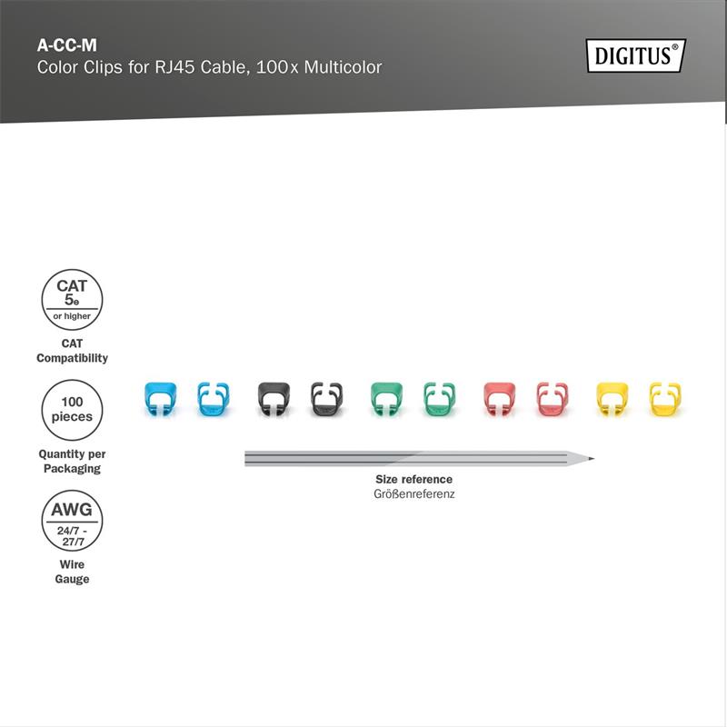 DIGITUS Color clips for Patch cable -Mixed (20 pcs. in each Red, Green, Blue, Yellow, Black) 