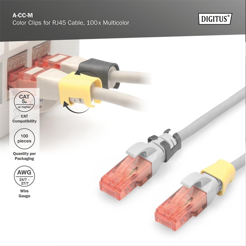 DIGITUS Color clips for Patch cable -Mixed (20 pcs. in each Red, Green, Blue, Yellow, Black) 