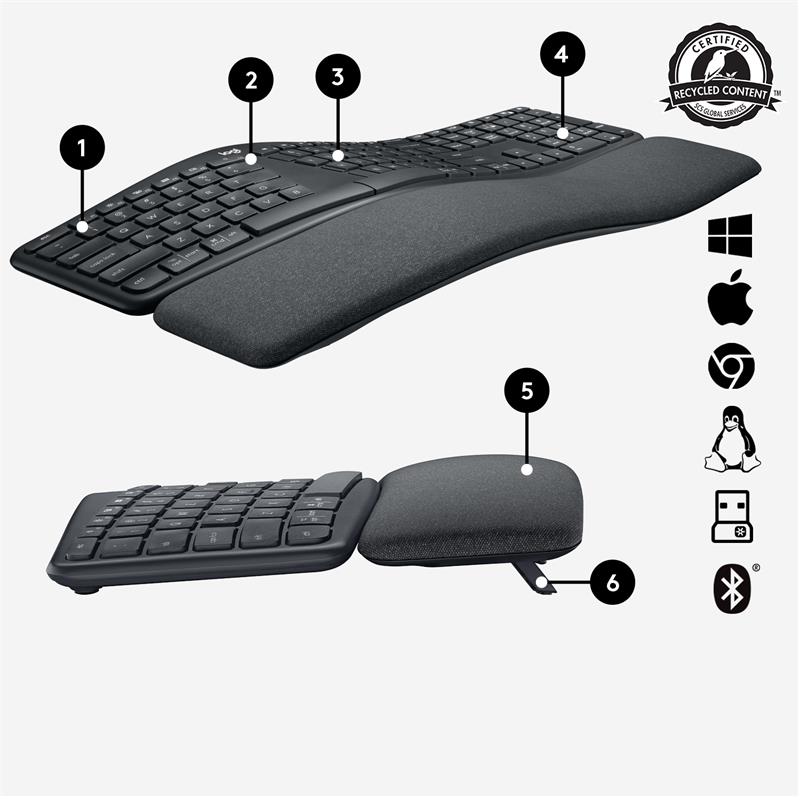 Logitech K860 ERGO - bezdrôtová delená klávesnica - DE - GRAPHITE 