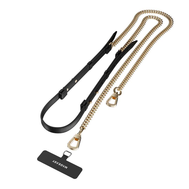 SwitchEasy šnúrka Leather Chain Strap + Strap Card, Phone Lanyard - Black/Matte Gold 