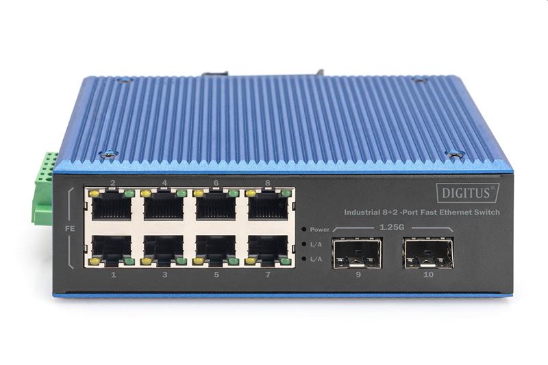 DIGITUS Industrial 8+2-Port Fast Ethernet Switch 8 Port FE RJ45, 2 GE SFP Ports 