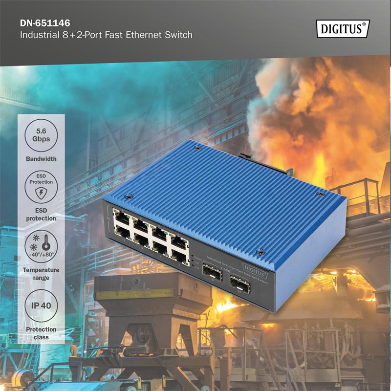 DIGITUS Industrial 8+2-Port Fast Ethernet Switch 8 Port FE RJ45, 2 GE SFP Ports 