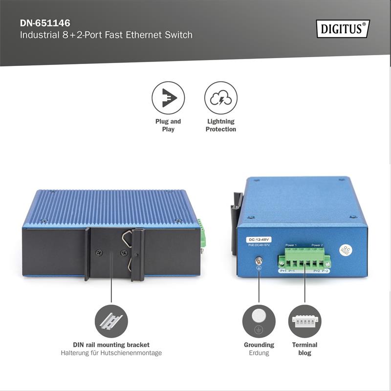 DIGITUS Industrial 8+2-Port Fast Ethernet Switch 8 Port FE RJ45, 2 GE SFP Ports 