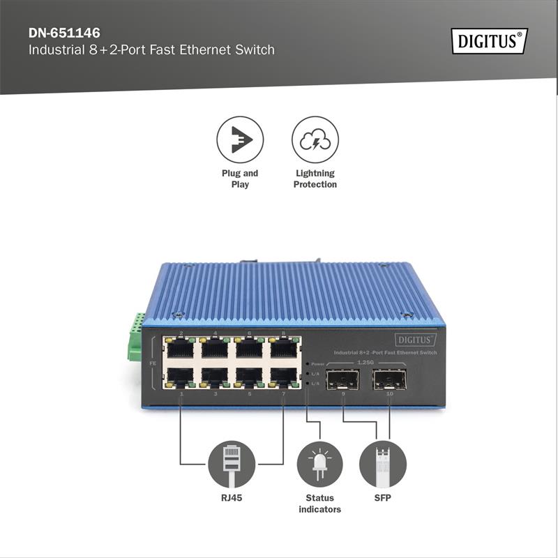 DIGITUS Industrial 8+2-Port Fast Ethernet Switch 8 Port FE RJ45, 2 GE SFP Ports 